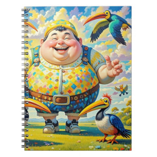 Birds flying around a happy man notebook