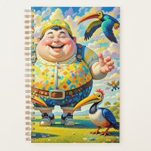 Birds flying around a happy man planner