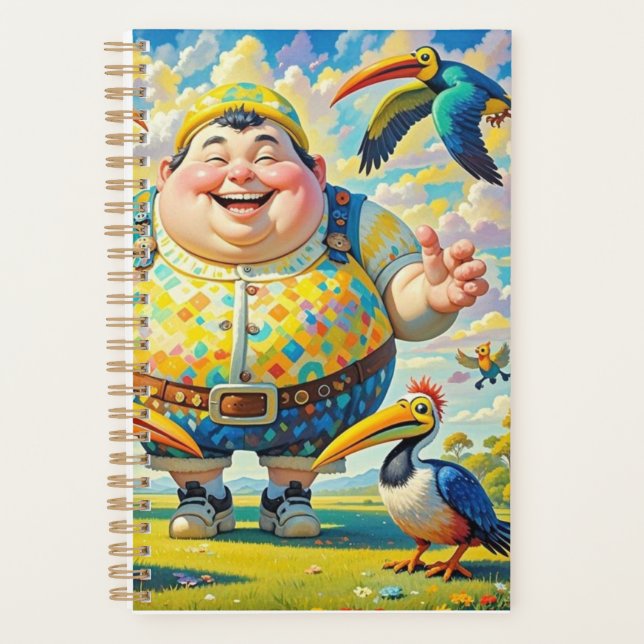 Birds flying around a happy man planner (Front)