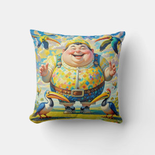 Birds flying around a happy man throw pillow