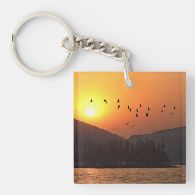 Birds Flying in Sunset Sky Over East Lake Photo Keychain (Front)