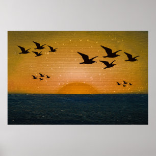 Birds flying over sunset seascape poster