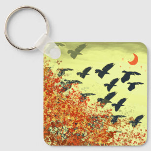 Birds Flying Red Moon Keychain