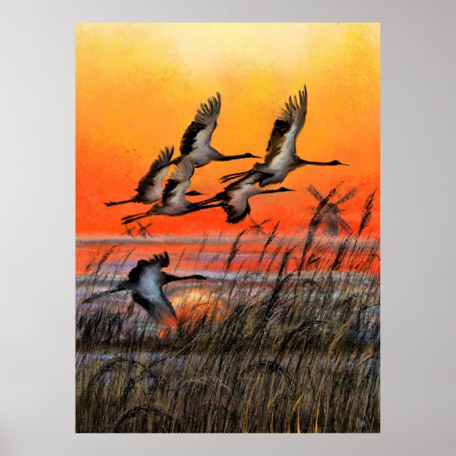 Birds Flying Sunset Poster Print - Painting Art (Front)