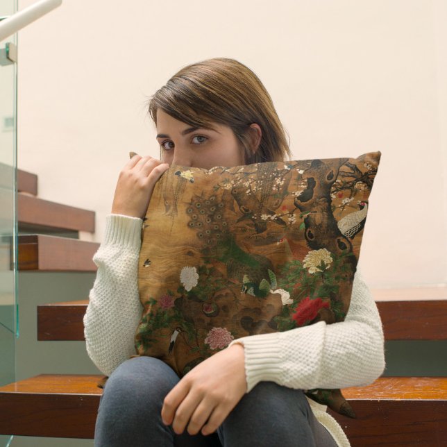 Birds Gather under the Spring Willow Throw Pillow (Creator Uploaded)