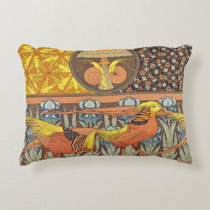  Birds,Golden Pheasants & Irise Art Nouveau Accent Pillow