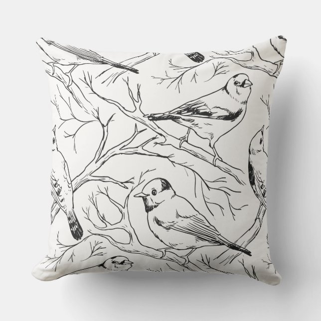 Birds hand drawn black & white pattern Modern Throw Pillow (Front)