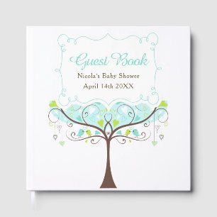 Birds Hearts Tree Blue and Green Baby Shower Guest Book
