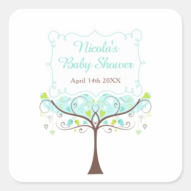 Birds Hearts Tree Blue and Green Baby Shower Square Sticker (Front)