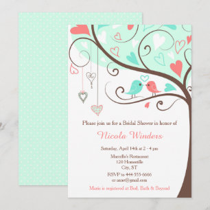 Birds Hearts Tree Mint and Coral Bridal Shower Invitation