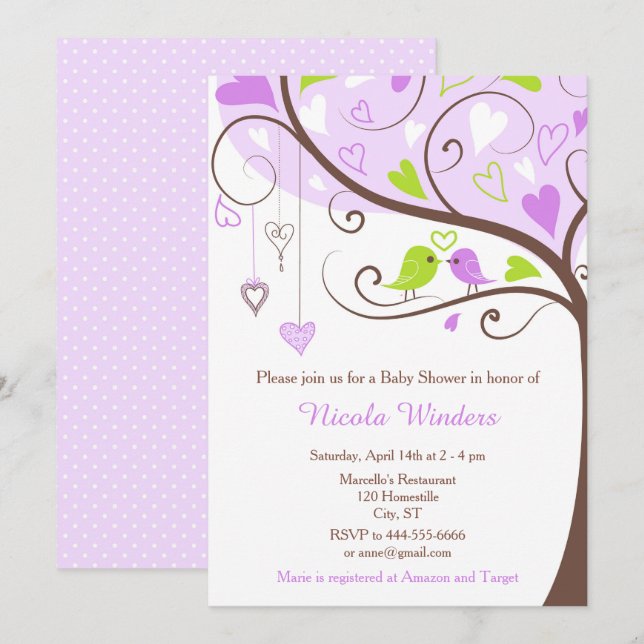 Birds Hearts Tree Purple and Green Baby Shower Invitation (Front/Back)
