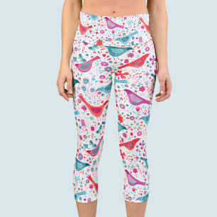Birds in a Garden Modern Boho Watercolor Capri Leggings