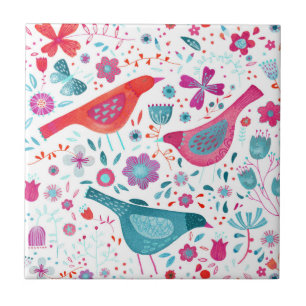 Birds in a Garden Modern Boho Watercolor Tile