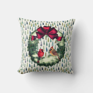 Birds in a Wreath Country Christmas Throw Pillow