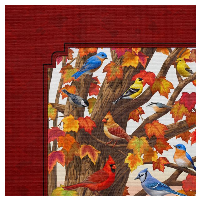 Birds in Autumn Maple Tree Red Fabric (Swatch)