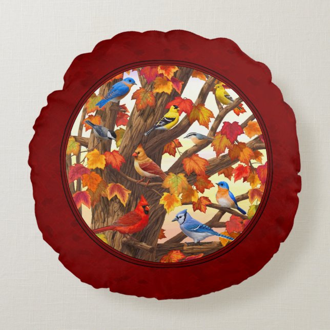 Birds in Autumn Maple Tree Red Round Pillow (Front)