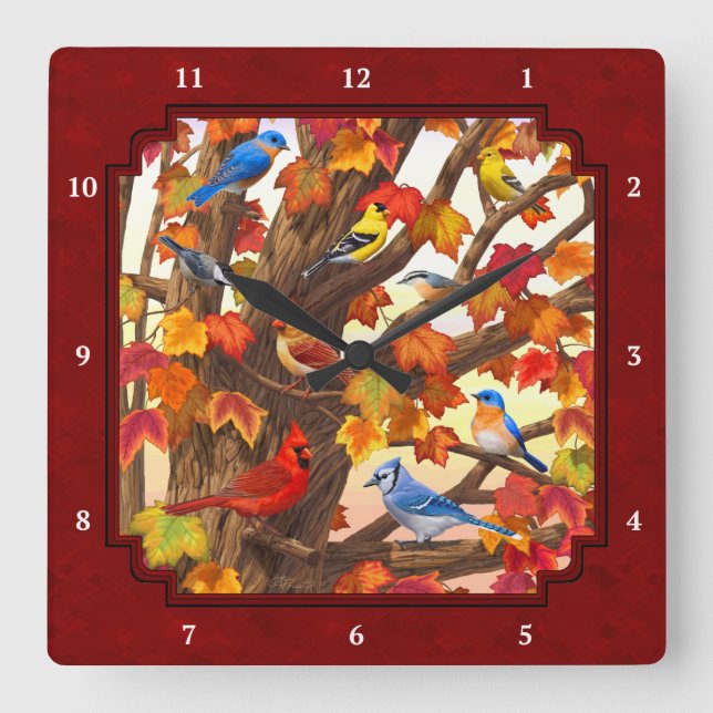 Birds in Autumn Maple Tree Red Square Wall Clock (Front)