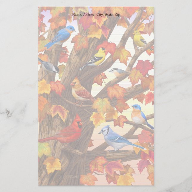 Birds in Autumn Maple Tree Stationery (Front)