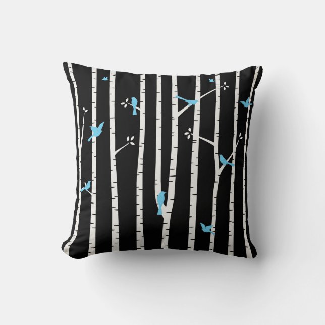 Birds in Birch Trees Blue White Black Throw Pillow (Front)