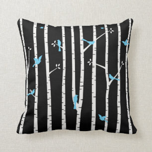 Birds in Birch Trees Blue White Black Throw Pillow
