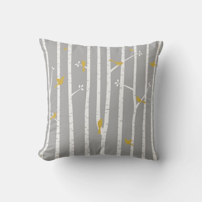 Birds in Birch Trees Grey White Yellow Throw Pillow (Front)