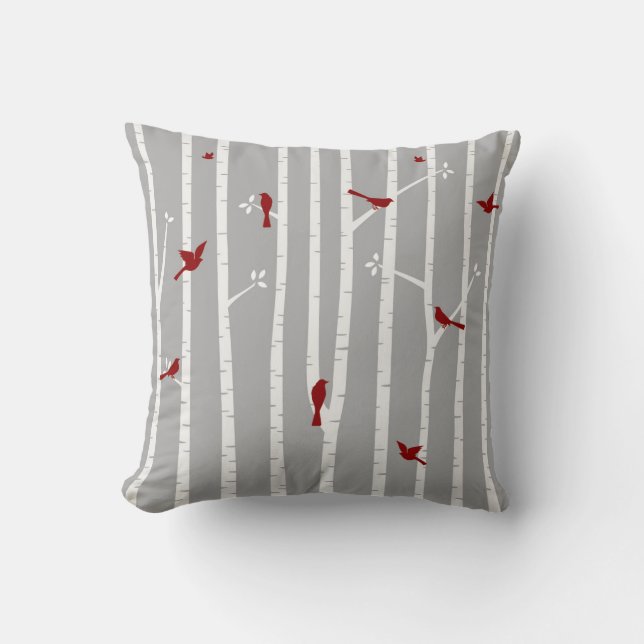 Birds in Birch Trees Red White Grey Throw Pillow (Front)