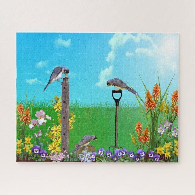 Birds in Flower Garden | Colorful Jigsaw Puzzle (Horizontal)