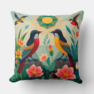 Birds in Nature Scene with Geometric Elements Throw Pillow