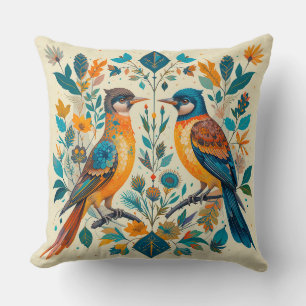 Birds in Nature Scene with Geometric Elements Throw Pillow