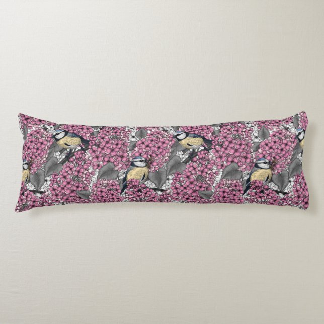 Birds in pink lilac garden body pillow (Front)