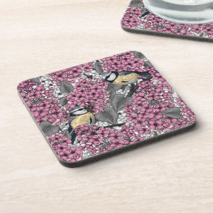 Birds in pink lilac garden coaster