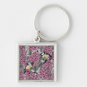 Birds in pink lilac garden keychain
