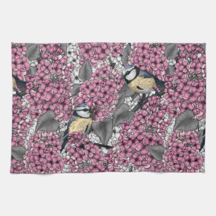 Birds in pink lilac garden kitchen towel