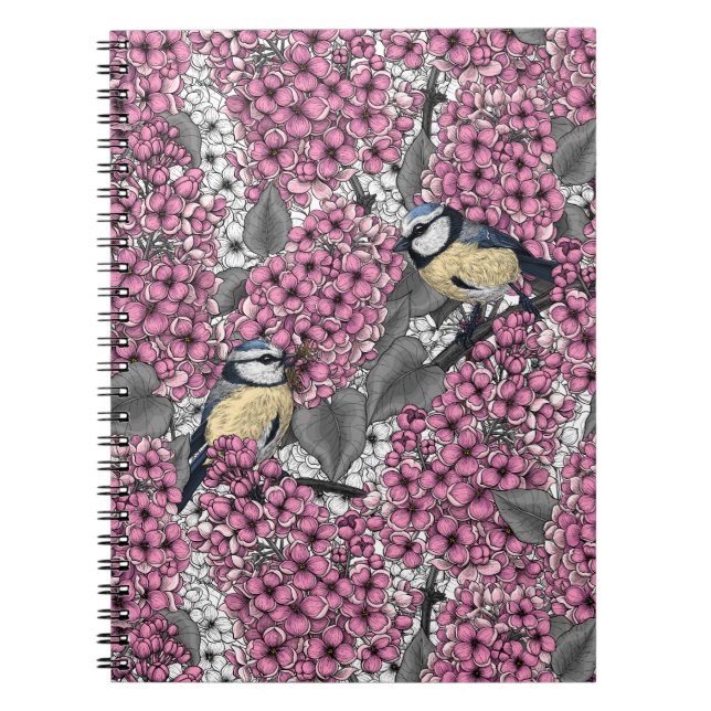 Birds in pink lilac garden notebook (Front)