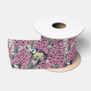 Birds in pink lilac garden satin ribbon