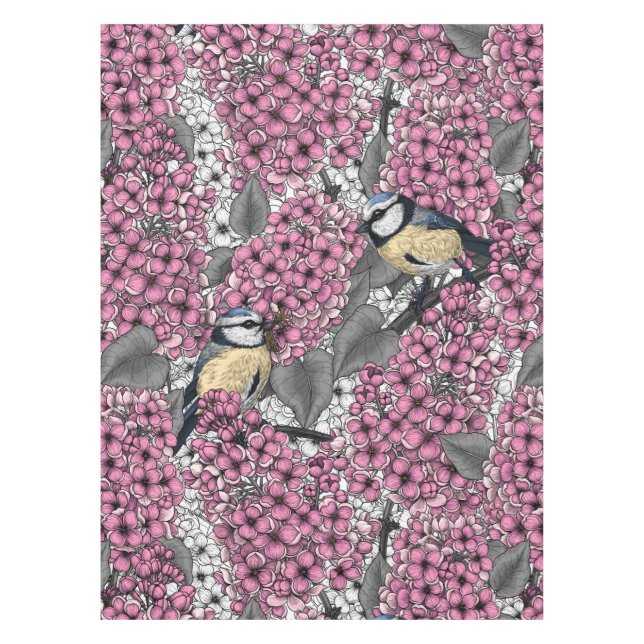 Birds in pink lilac garden tablecloth (Front)
