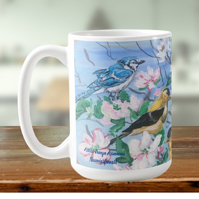 Birds in the backyard Hand Painted Art Coffee Mug (A bird watchers Mug)
