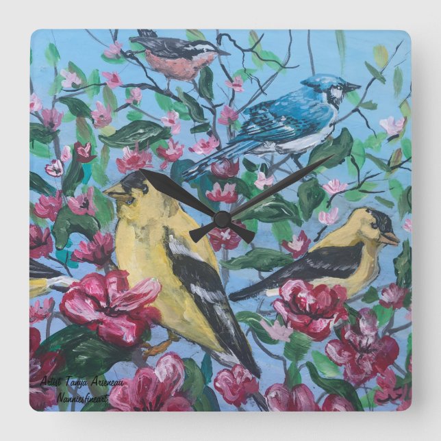 Birds in the backyard Hand Painted Art Square Wall Clock (Front)