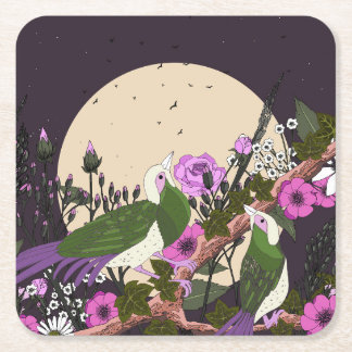 Birds In the Flowers Square Paper Coaster