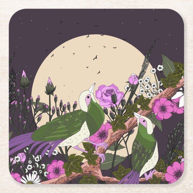 Birds In the Flowers Square Paper Coaster (Front)