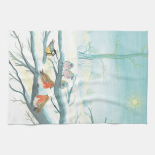 Birds in the white snow winter kitchen towel