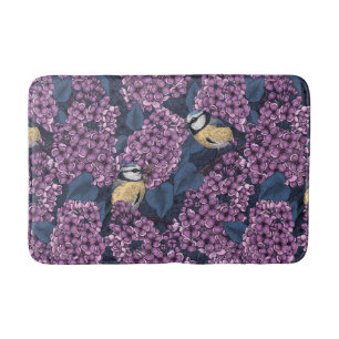 Birds in violet lilac garden bath mat