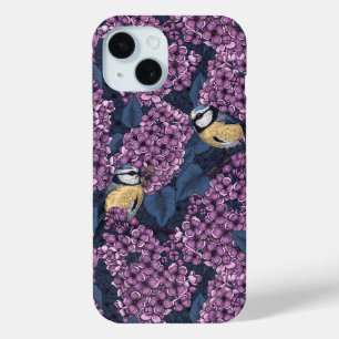 Birds in violet lilac garden iPhone 15 case