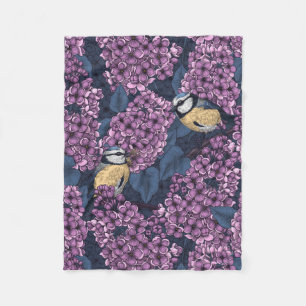 Birds in violet lilac garden fleece blanket