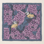 Birds in violet lilac garden scarf<br><div class="desc">Cute spring design with two blue tit birds perching on flowering lilac branches. Hand- drawn in Illustrator seamless vector pattern.</div>