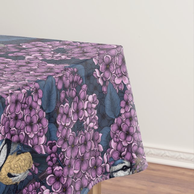 Birds in violet lilac garden tablecloth (In Situ)
