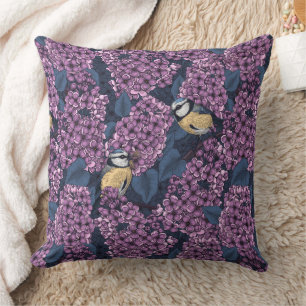Birds in violet lilac garden throw pillow