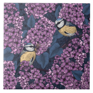 Birds in violet lilac garden tile