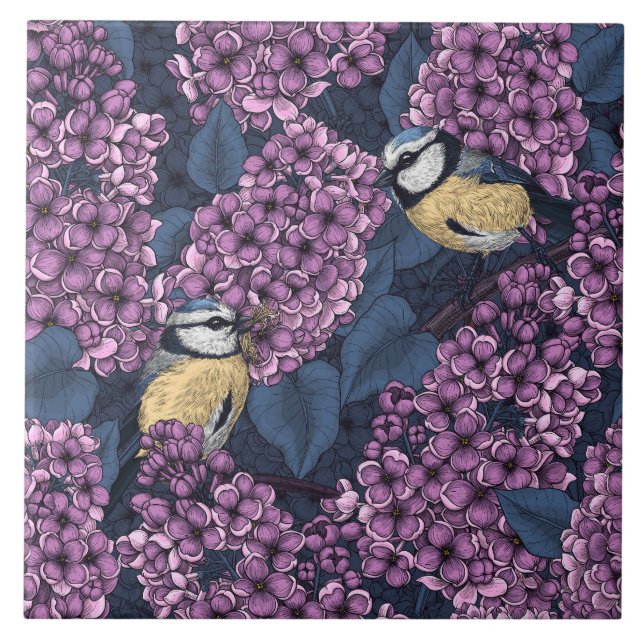 Birds in violet lilac garden tile (Front)