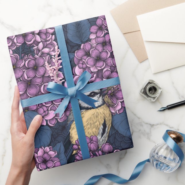 Birds in violet lilac garden wrapping paper (Gifting)